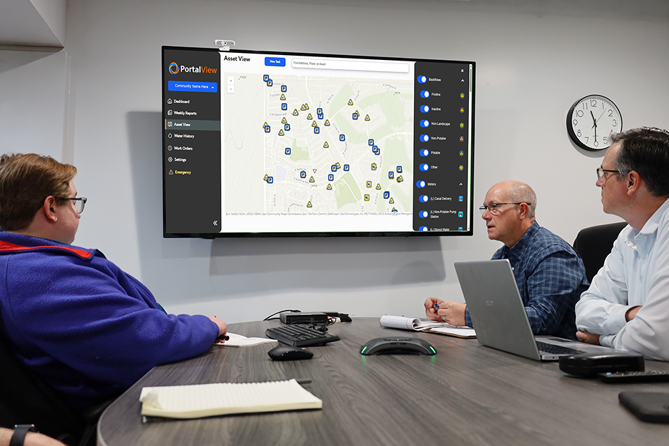 Conference room with employees discussing how PortalView works